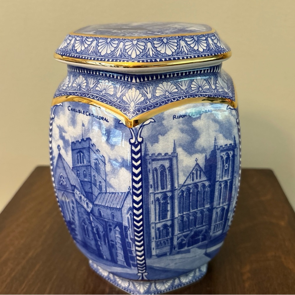 Wade Blue and White Ringtons Hexagonal Tea Caddy Millennium Cathedral